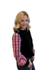 Black Long Sleeve Top with Pink, Red and Black Houndstooth Sleeve