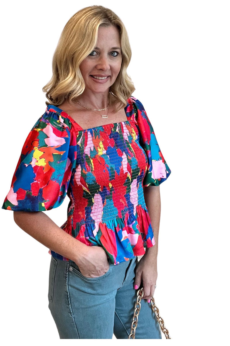 Watercolor Bubble Sleeve Smocked Top