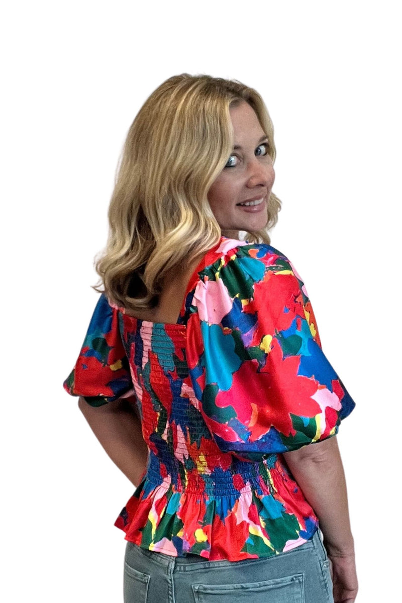 Watercolor Bubble Sleeve Smocked Top