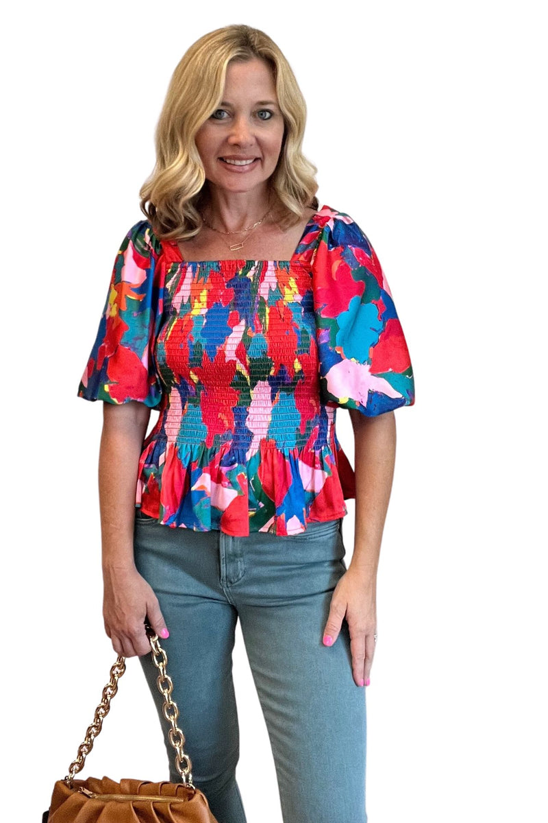 Watercolor Bubble Sleeve Smocked Top