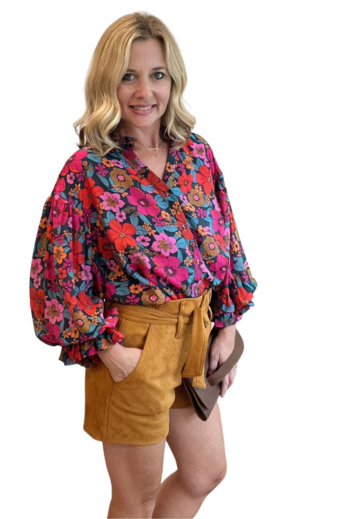 Floral Print 3/4 Bubble Sleeve Top