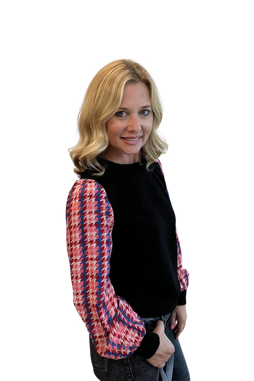 Black Long Sleeve Top with Pink, Red and Black Houndstooth Sleeve