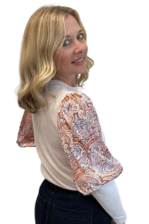 Ribbed Top with Paisley Long Sleeves