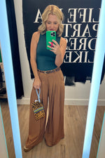 Camel Brown Wide Leg Pants with Pleated Detail