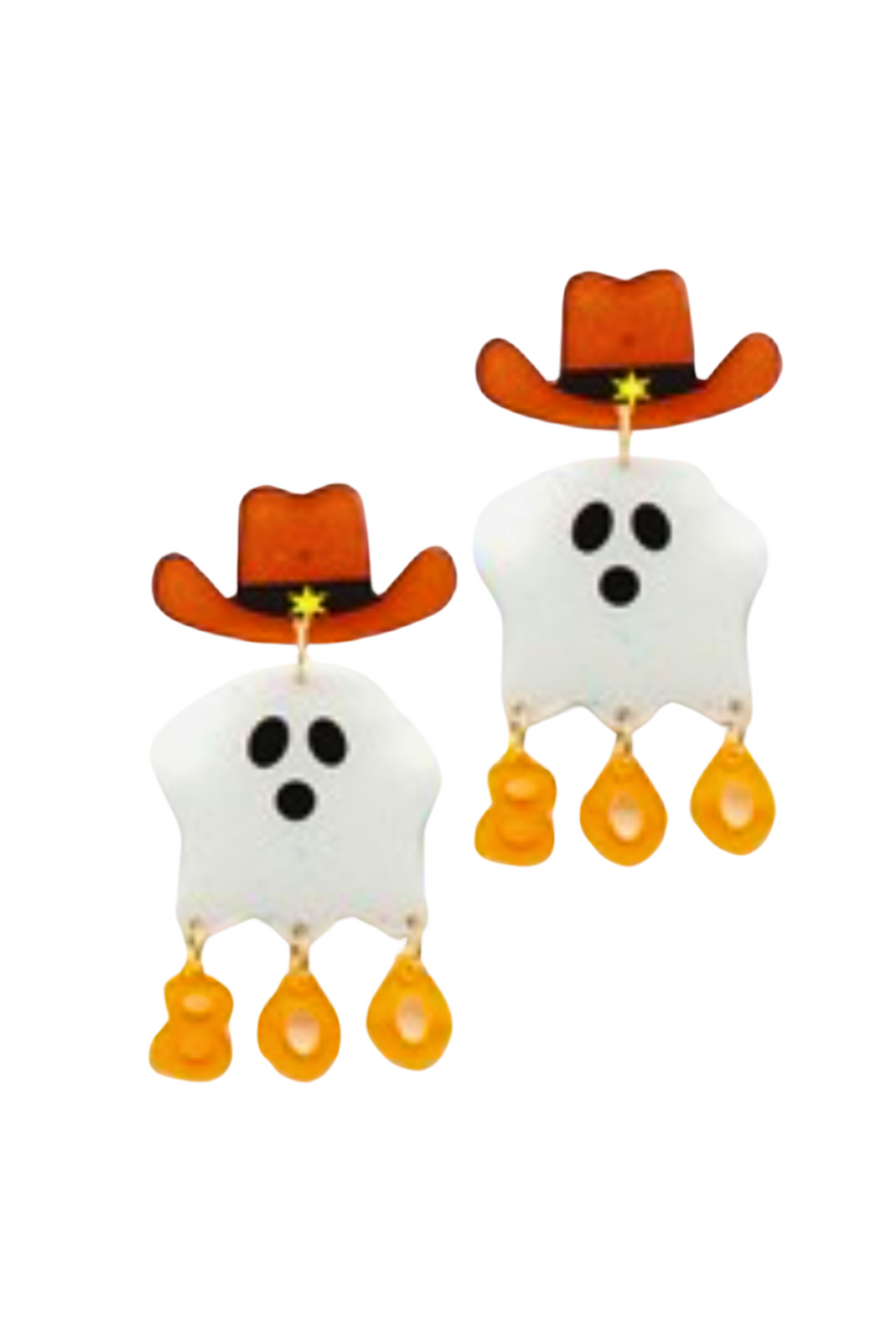 Halloween-themed earrings with ghost designs and cowboy hats on a white background