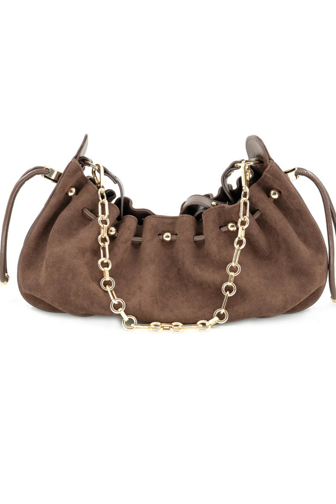 faux suede bag with gold metal strap