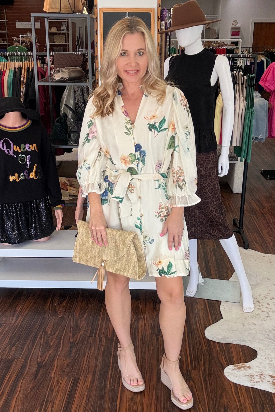 Floral Print 3/4 Puff Sleeve Mini Dress

Elevate your everyday style with this charming floral mini dress. The romantic puff sleeves and ruffled neck add dimension, while the self-tie sash cinches your waist for a flattering silhouette. Practical button-front closure and elasticated cuffs keep everything secure, and the lightweight woven fabric moves with you throughout the day. Fully lined and non-sheer for confidence and comfort. Perfect for brunch, casual outings, or weekend adventures. Model is wearing 