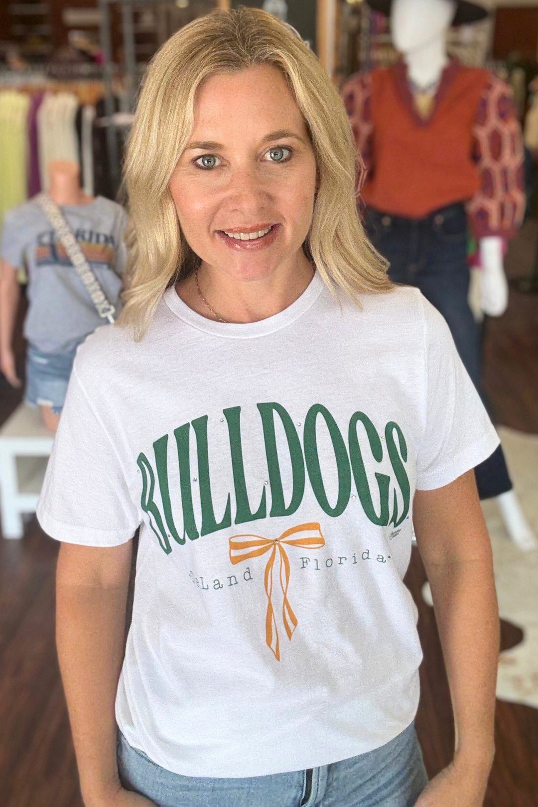 DeLand Bulldogs white bow t-shirt 