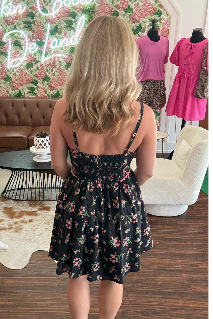 Floral Mini Dress with Pink Trim