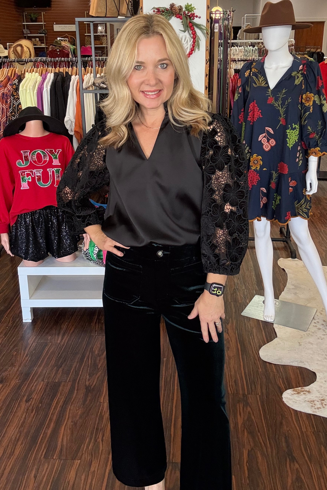 Lace Long Sleeve Silk Top

Elevate your holidays with this sophisticated silk top, featuring delicate lace sleeves that add an unexpected touch of elegance. The flattering v-neckline creates a refined silhouette, while the luxurious silk fabric drapes beautifully against your skin. Perfect for layering or wearing solo. 