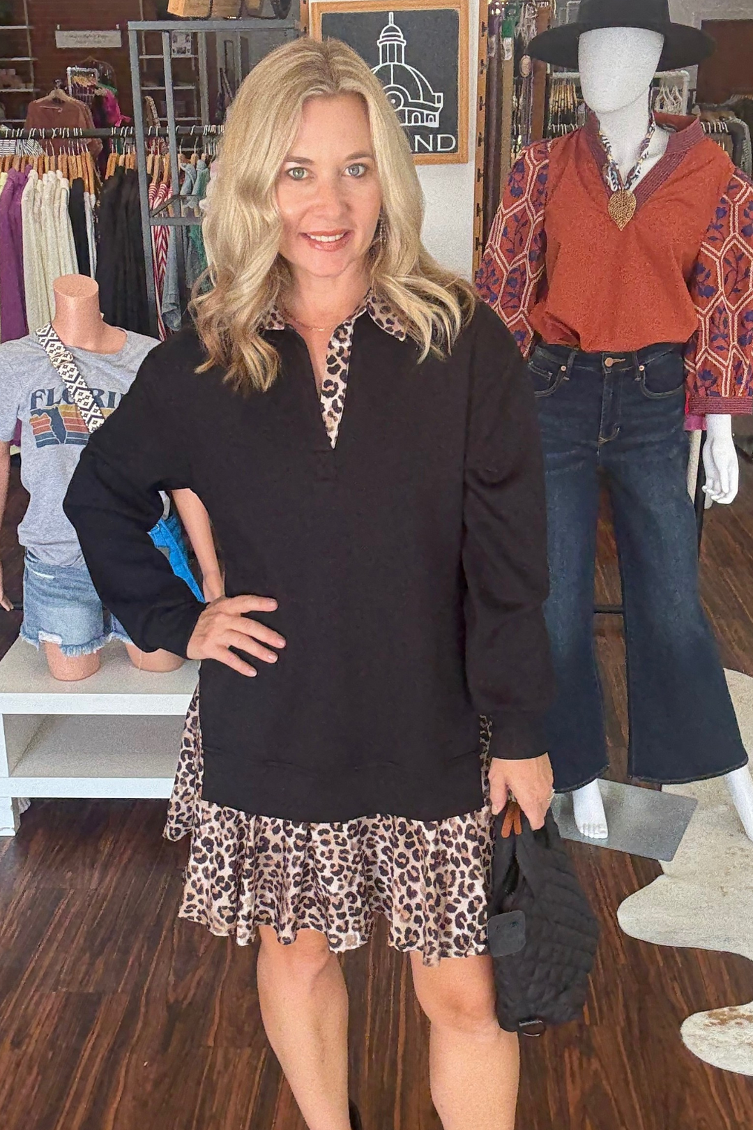 Modal long sleeve dress with leopard print skirt