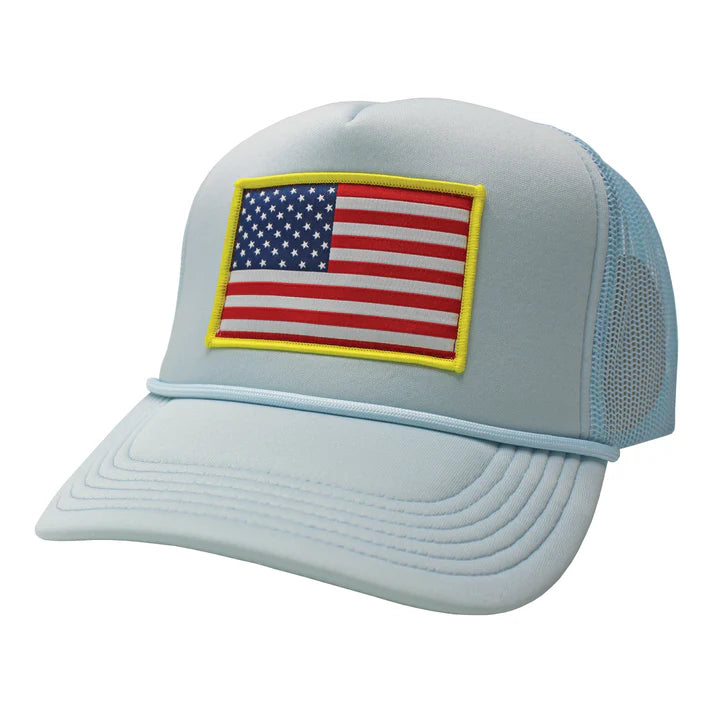 
Embrace your patriotic style with this soft trucker hat featuring an adjustable back for the perfect fit. The light blue fabric pairs beautifully with a bold American Flag patch, making it an ideal accessory for casual outings, road trips, or showing your pride 