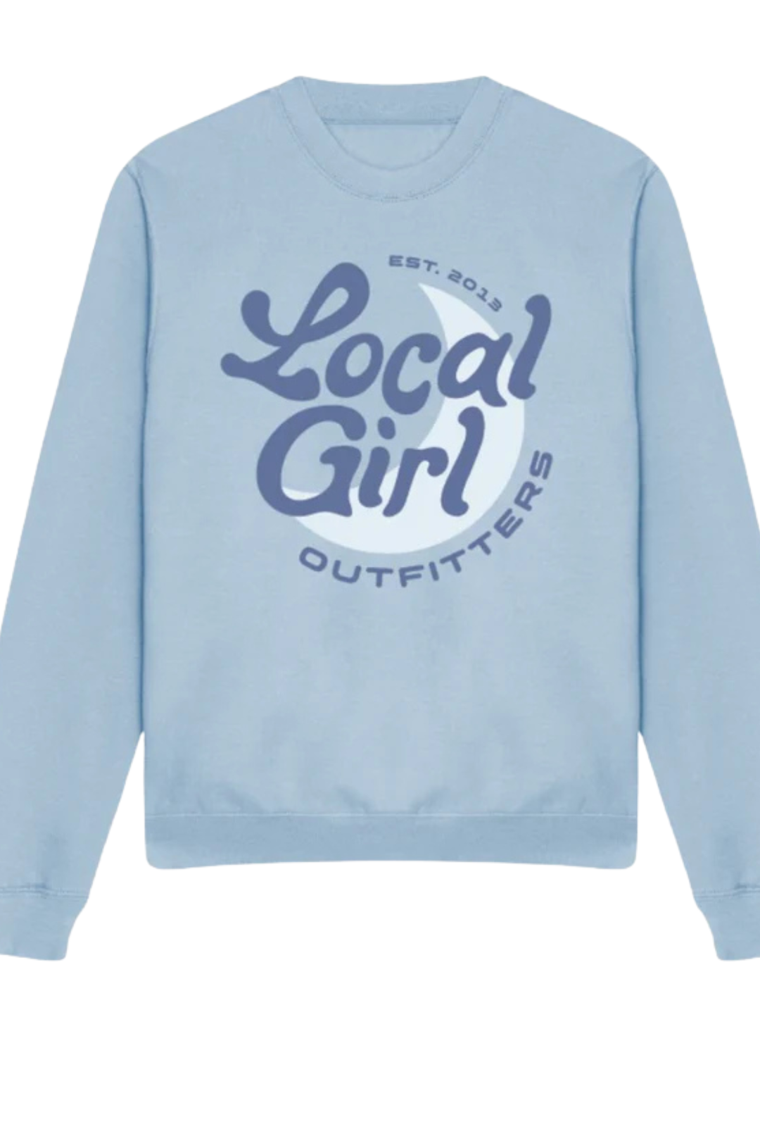 Embrace effortless style with this oversized crewneck featuring our signature Local Girl Groovy Moon design. The relaxed fit offers comfort for everyday wear, while the eye-catching front graphic adds personality to your wardrobe. Crafted in a soft light blue, this piece pairs seamlessly with jeans, skirts, or loungewear for a laid-back vibe that works morning to night.
