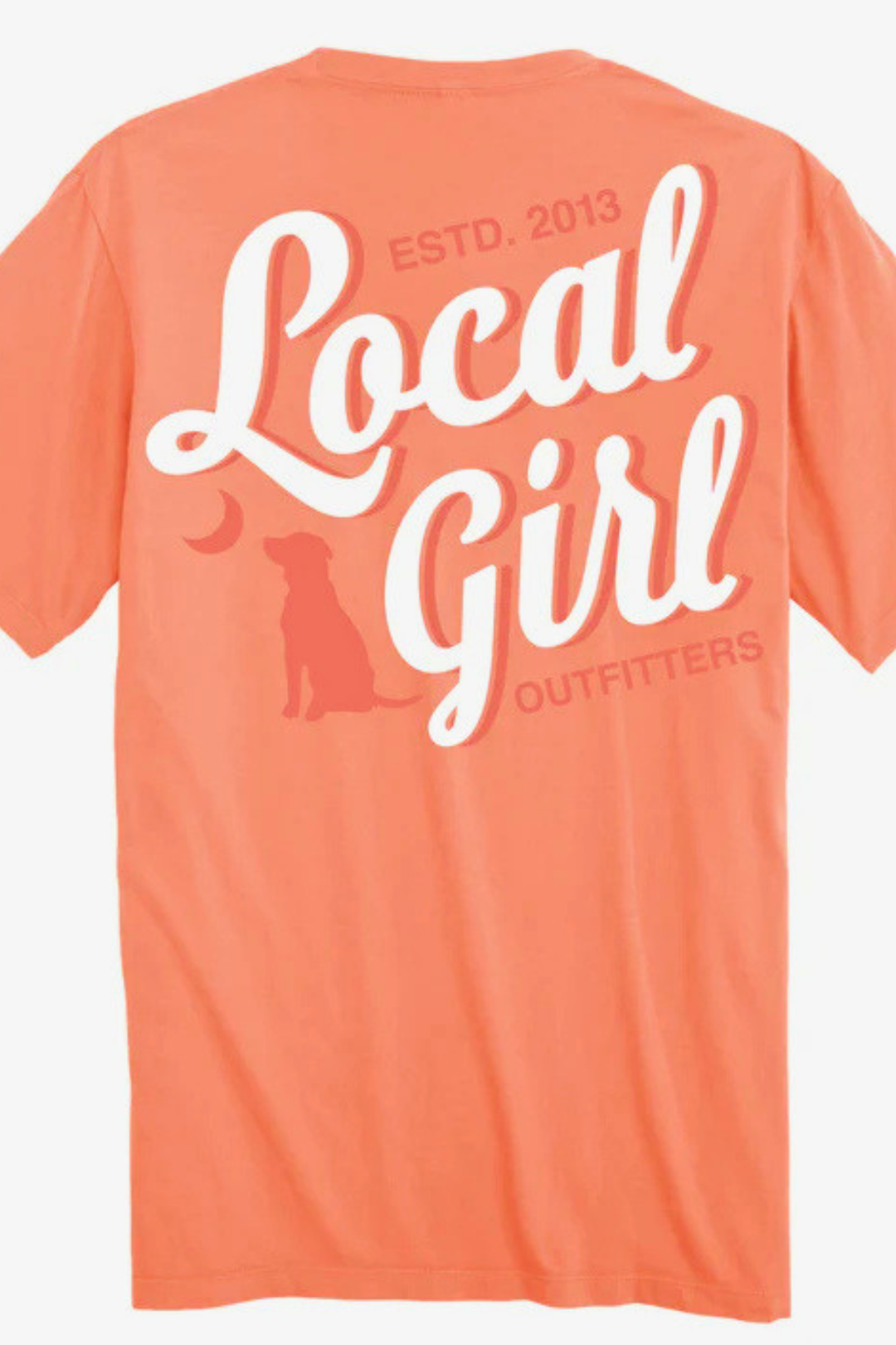  
Brighten your casual wardrobe with this neon cantaloupe short sleeve tee. Featuring a practical front pocket for everyday convenience, this shirt showcases the iconic "Local Girl Stacked Script" design on the back. 
