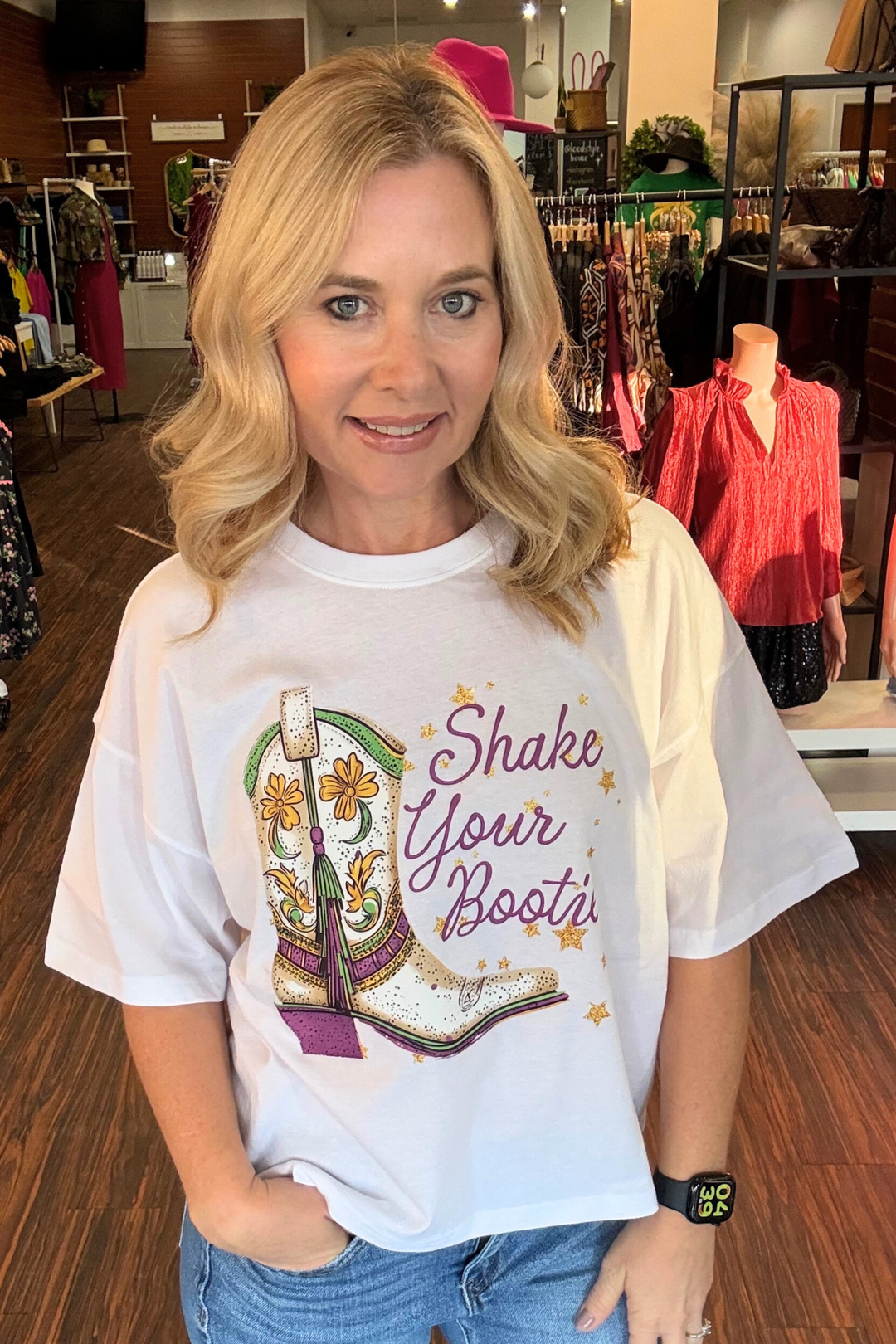 
Celebrate in style with this vibrant Mardi Gras Boots Graphic Relaxed Crop Top. Featuring a bold carnival cowgirl boot design in festive purple, green, and gold, this trendy tee captures the spirit of New Orleans celebration. Crafted from organic cotton grown without toxic chemicals, it offers comfort you can feel good about wearing. The relaxed fit and double-needle stitching ensure durability through countless wears, while the high-quality DTF printed graphic sta