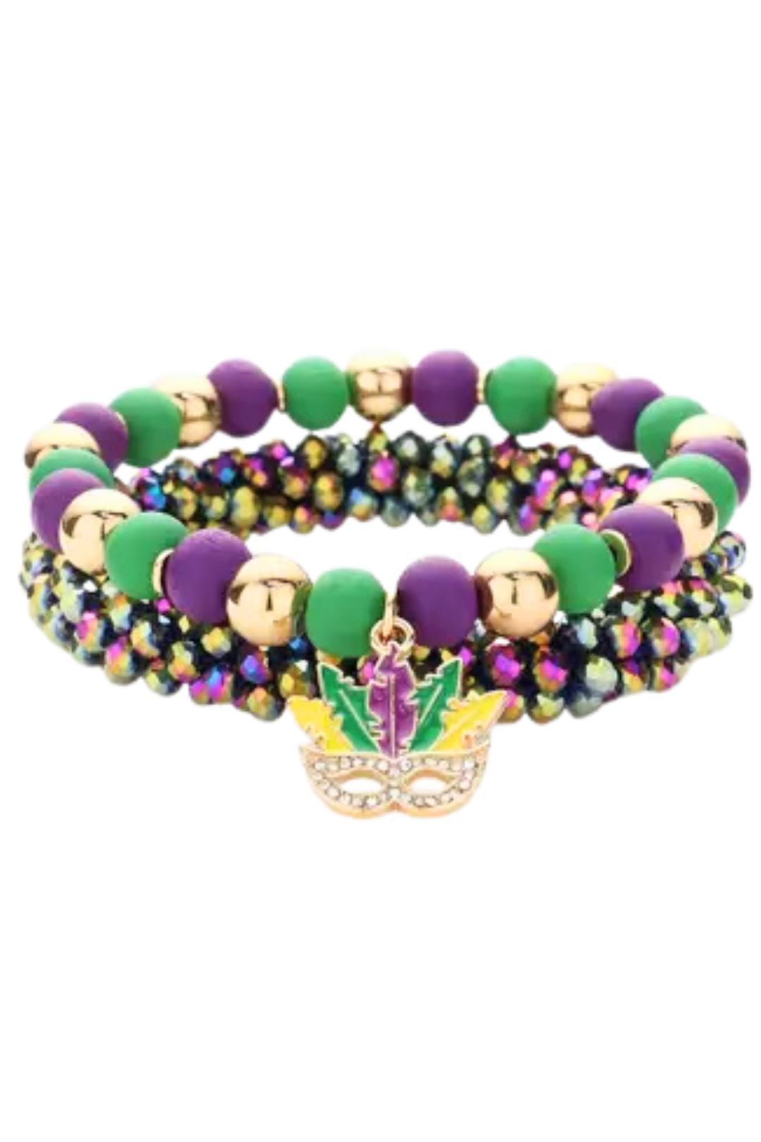 Stack these vibrant Mardi Gras beaded bracelets for instant festival flair. Each stretchy bracelet features playful themed accents and faceted wood beads in a compact 0.75" design that layers beautifully. Lead and nickel compliant for safe, worry-free wear. Perfect for parade season, costume parties, or adding bold personality to everyday outfits. Mix, match, and celebrate in colorful style.