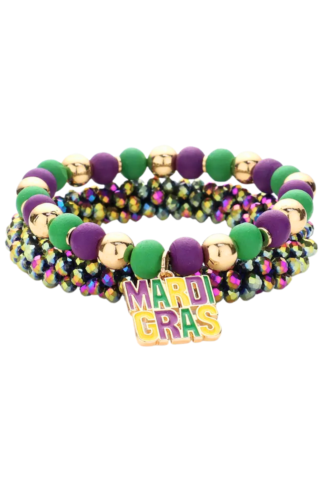 Stack these vibrant Mardi Gras beaded bracelets to express your festive spirit. Each stretchy bracelet features playful themed charms and faceted wood beads in bold colors, designed to move with you through parades, parties, and celebrations. At 0.75" H, they're comfortable for all-day wear and lead and nickel compliant for peace of mind. Mix and match the set to create your perfect festival look—whether you're going bold or building layers.