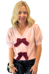Fuzzy Short Sleeve Sweater with Double Bow detail