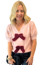 Fuzzy Short Sleeve Sweater with Double Bow detail
