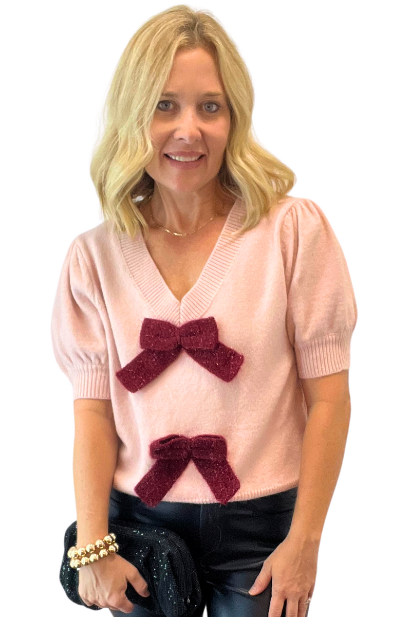 Fuzzy Short Sleeve Sweater with Double Bow detail