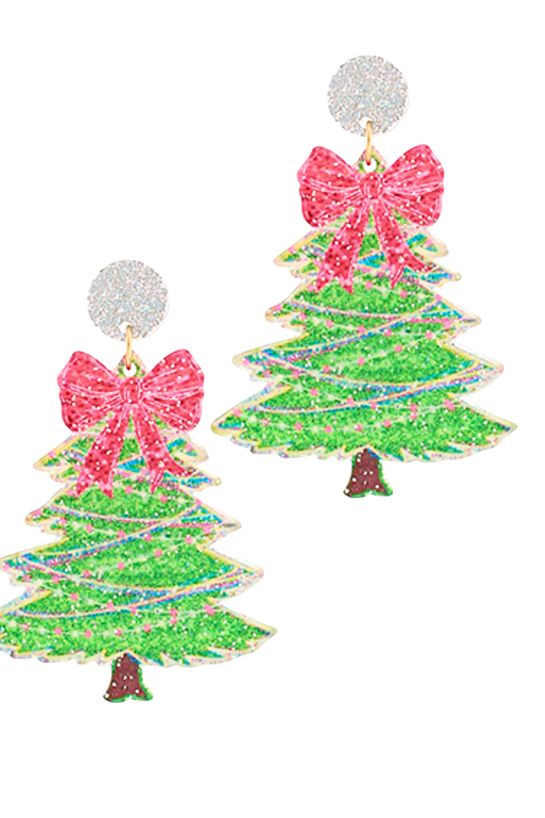 Christmas tree-shaped earrings with pink bows on a white background
