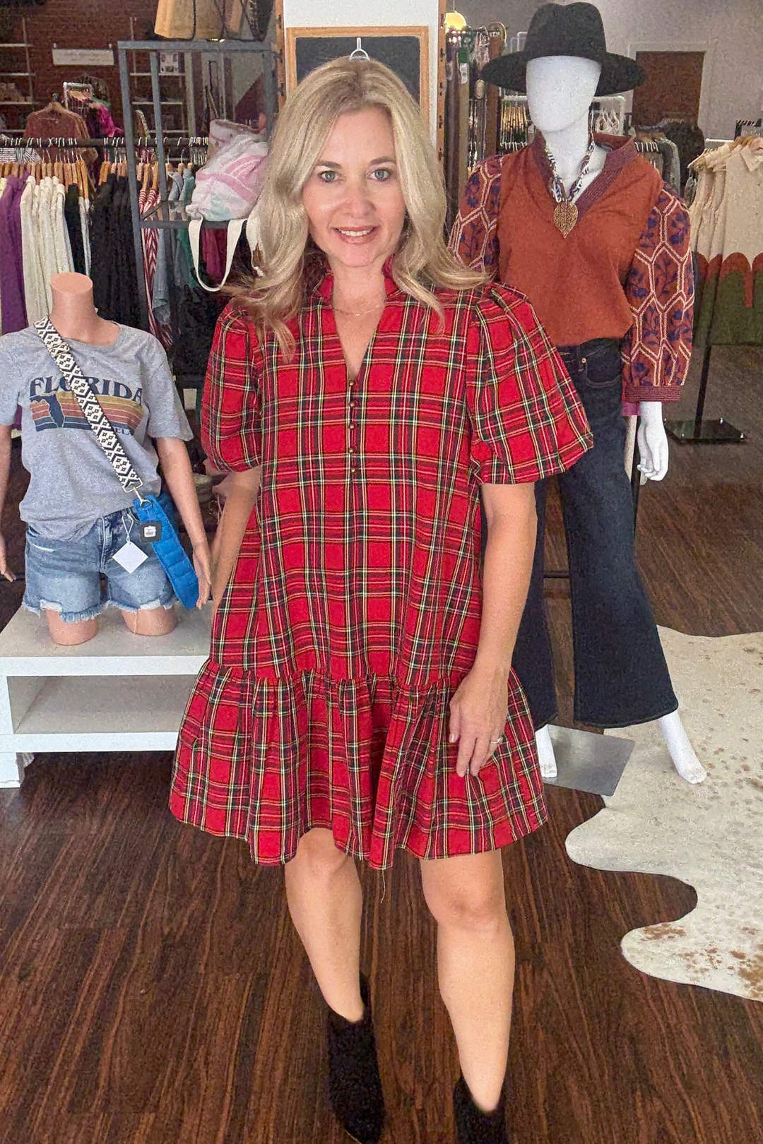 Red plaid v-neck drop hem dress with bubble sleeve