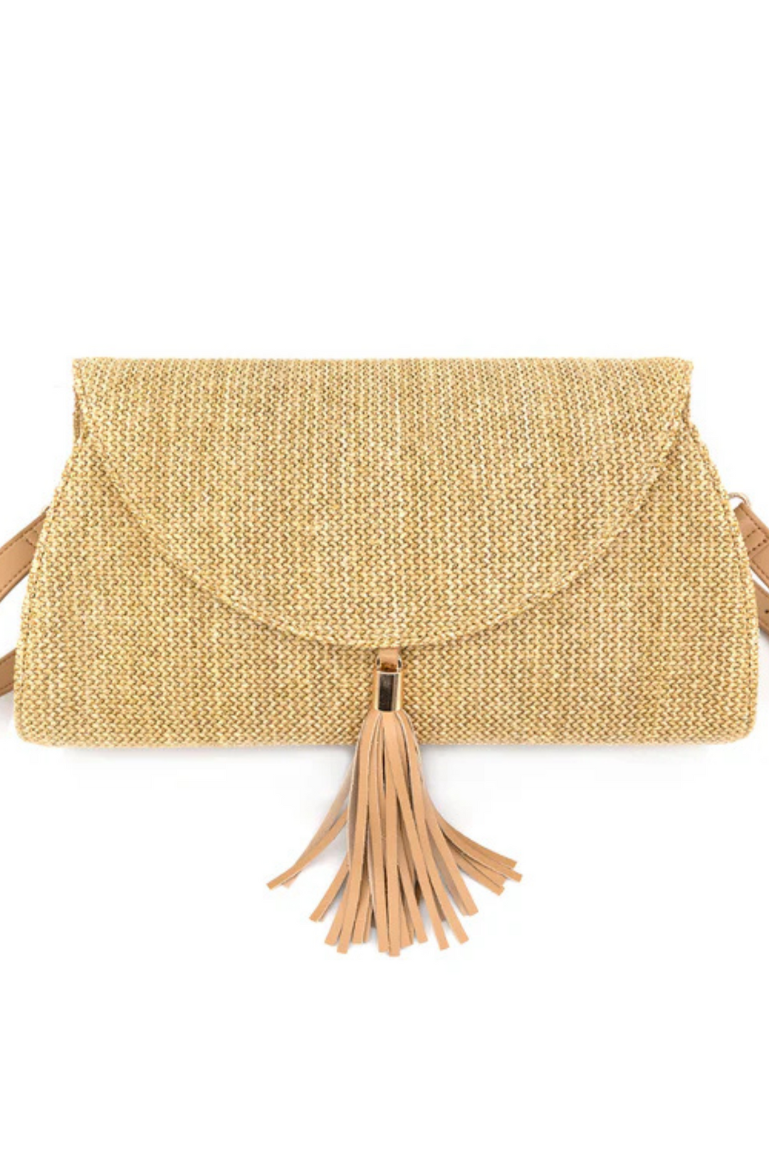  Rattan Clutch features a playful tassel detail and a versatile cross body strap.&nbsp;