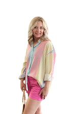 Color Block Striped Long Sleeve Button Down Top
