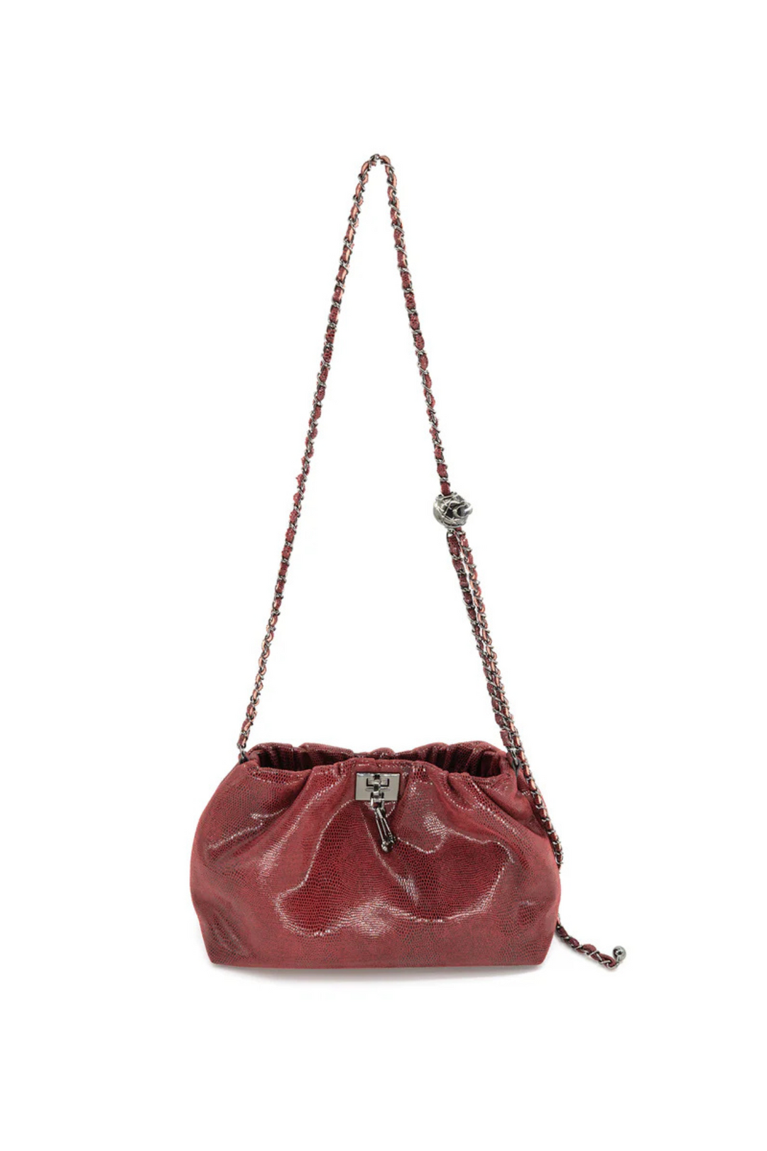 shiny bag with metal cross body strap