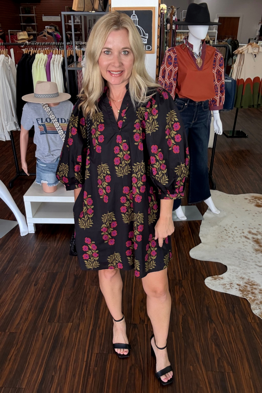 black dress with Floral print 3/4 sleeve mini dress