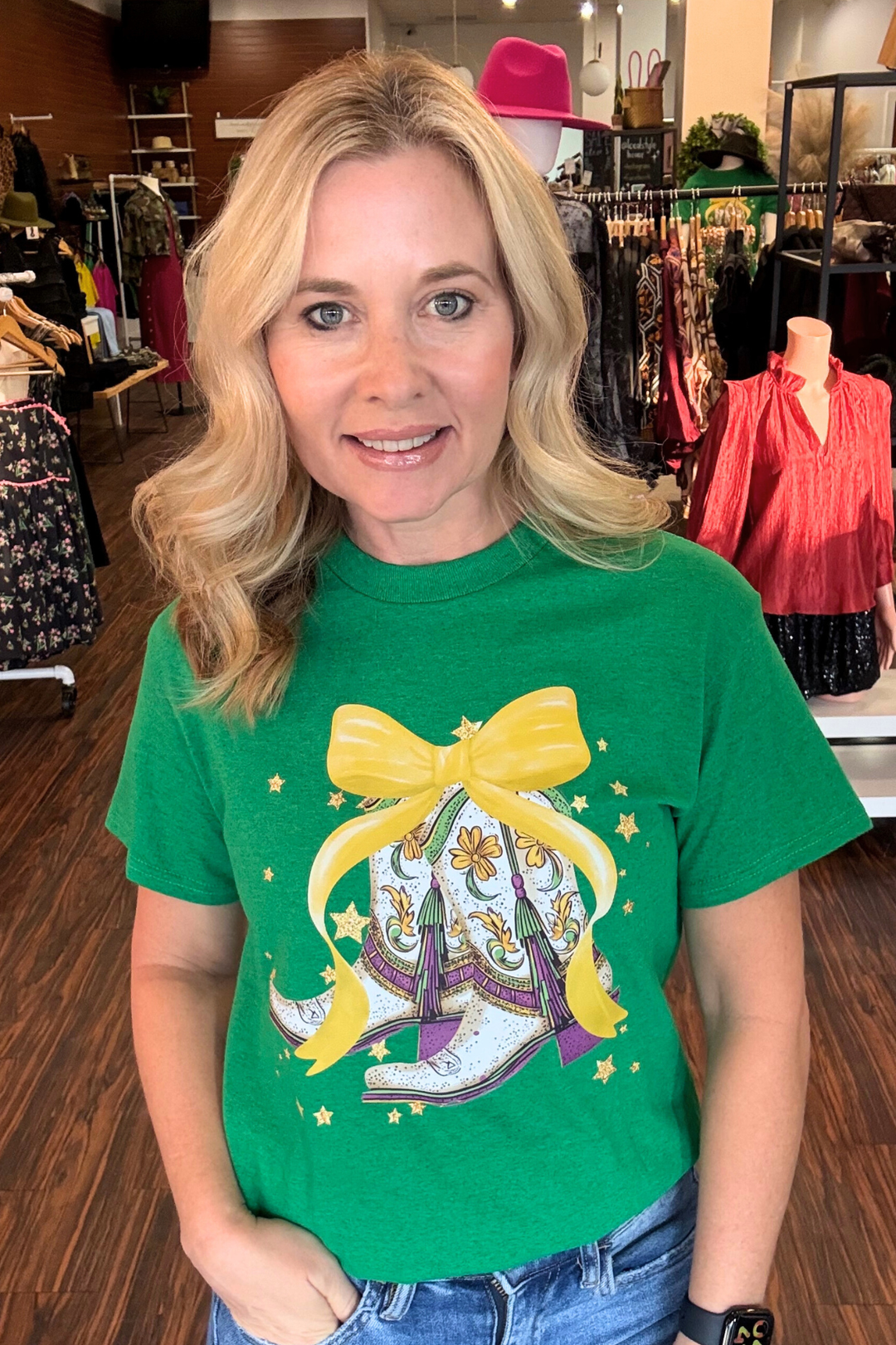 Western Boots Mardi Gras T-Shirt in Green

Celebrate Mardi Gras in style with this vibrant graphic tee featuring bold purple, green, and gold designs that capture the spirit of carnival season. Crafted from Gildan's premium heavy cotton, this unisex shirt offers a classic fit with a reinforced ribbed collar and taped neck and shoulders for all-day comfort. The eye-catching DTF printed graphic delivers crisp, fade-resistant color that stays vivid wash after wash. Whether you're hitting the parade, attending 