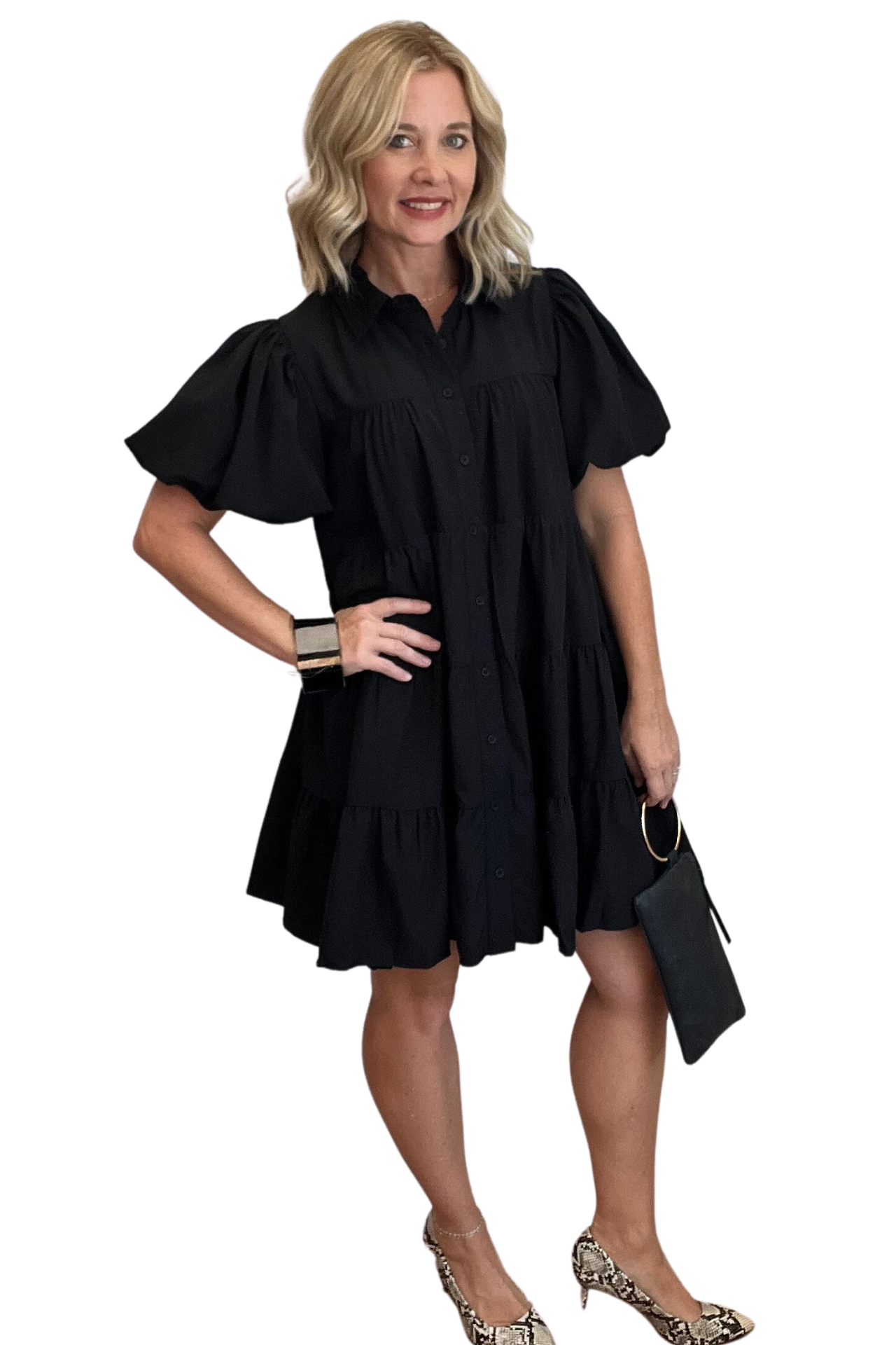 Tiered Black Baby Doll Dress with Bubble Sleeve Local Style House