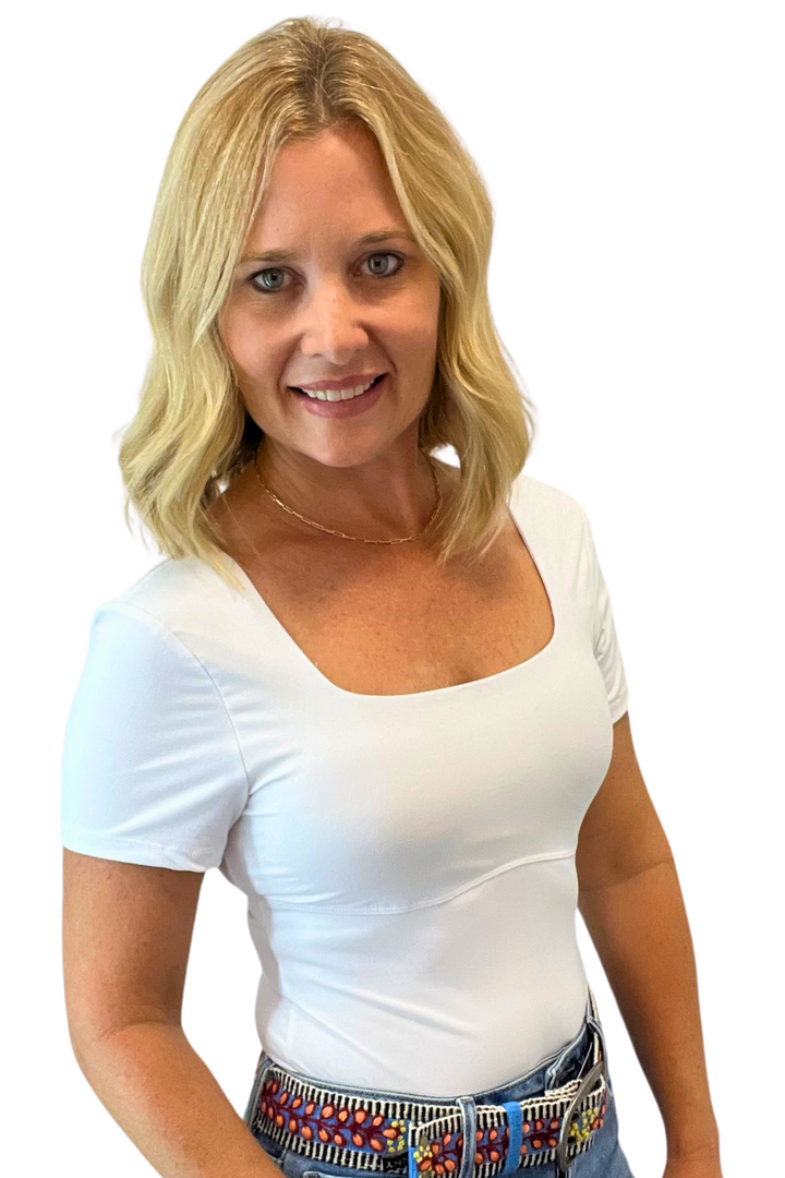 Square Neck Short Sleeve Bodysuit with Built in Bra