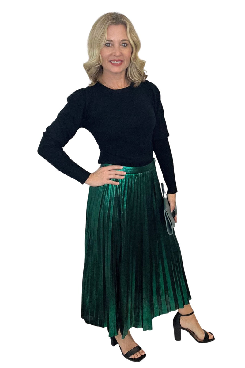 Green Metallic Pleated Skirt