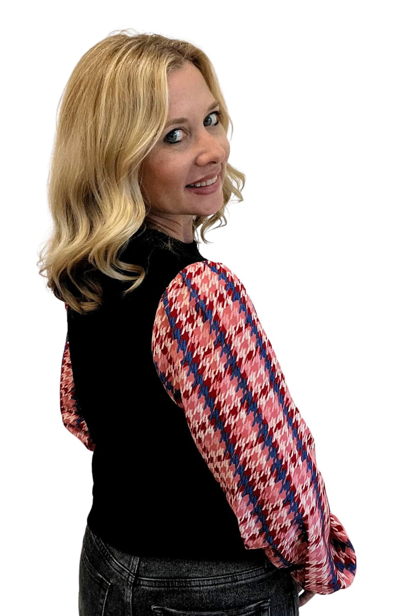 Black Long Sleeve Top with Pink, Red and Black Houndstooth Sleeve