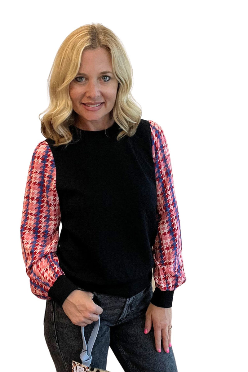 Black Long Sleeve Top with Pink, Red and Black Houndstooth Sleeve