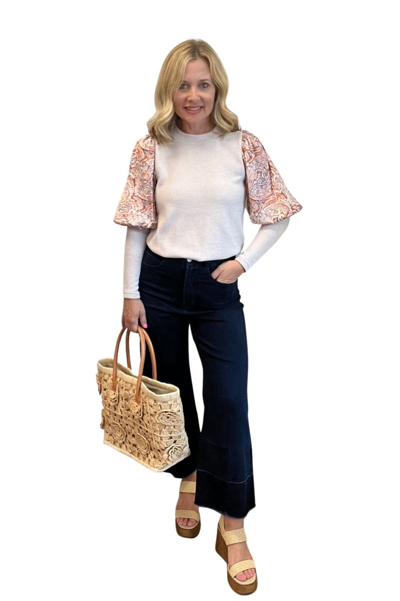 Ribbed Top with Paisley Long Sleeves