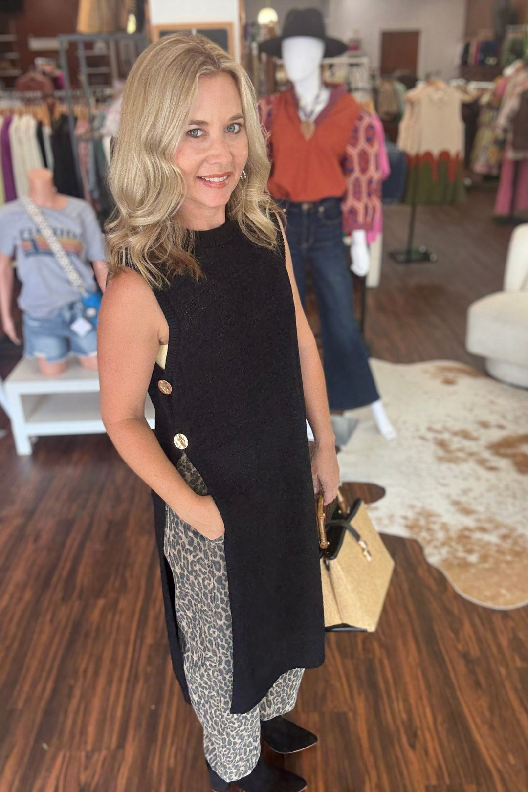 sleeveless sweater vest with gold button detail