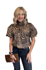 Zebra Print Tie Neck Bubble Sleeve Top