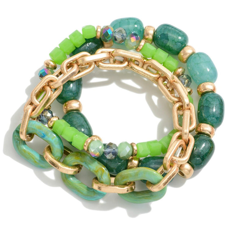 Gold Chain Link and Stone Bracelet Set