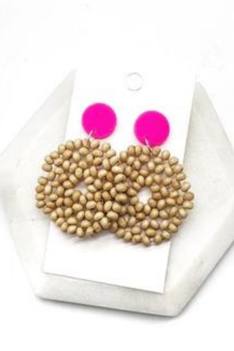 Neon Pink Wood Bead Cluster Earrings