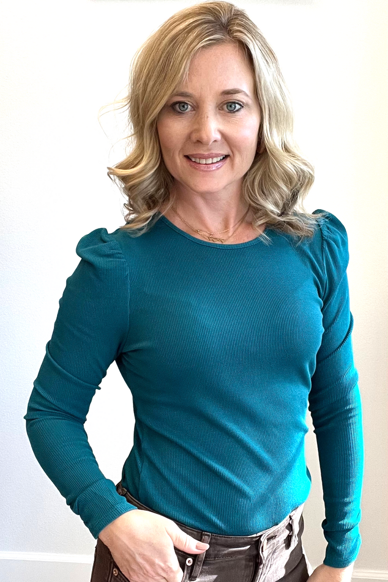 Teal Puff Shoulder Long Sleeve Top