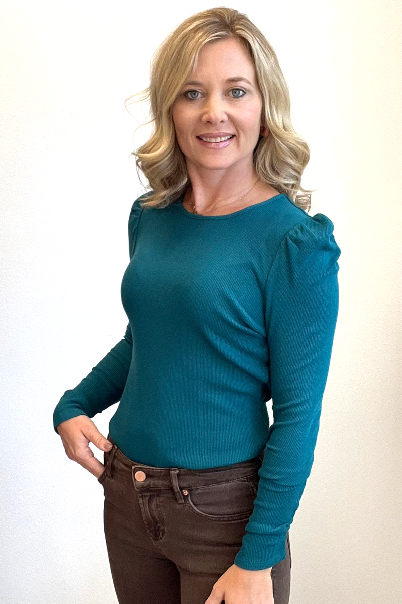 Teal Puff Shoulder Long Sleeve Top