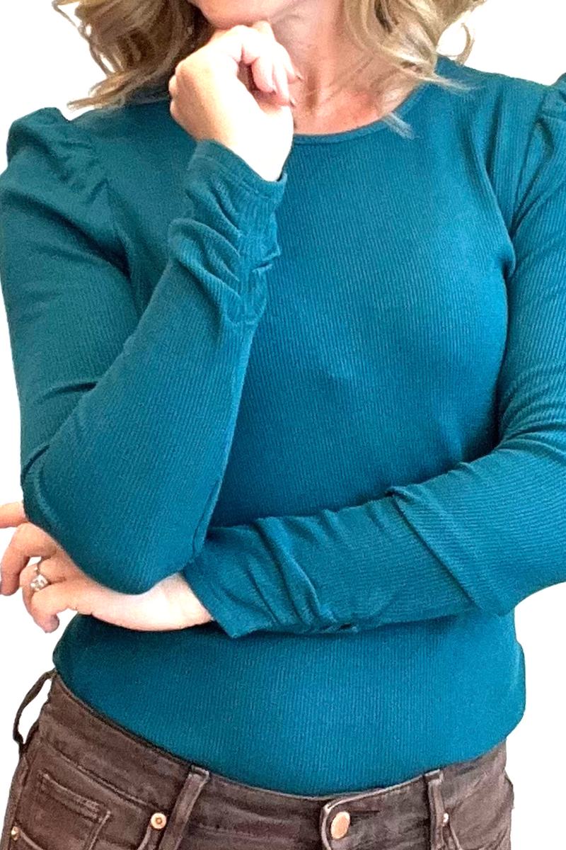 Teal Puff Shoulder Long Sleeve Top