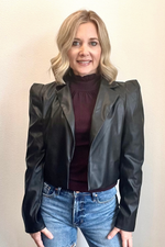 Faux Leather Cropped Puff Sleeve Jacket