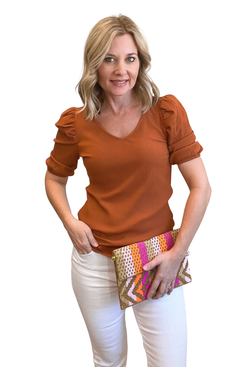 Ribbed Knit Puff Short Sleeve Top