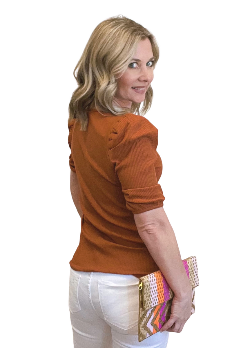 Ribbed Knit Puff Short Sleeve Top