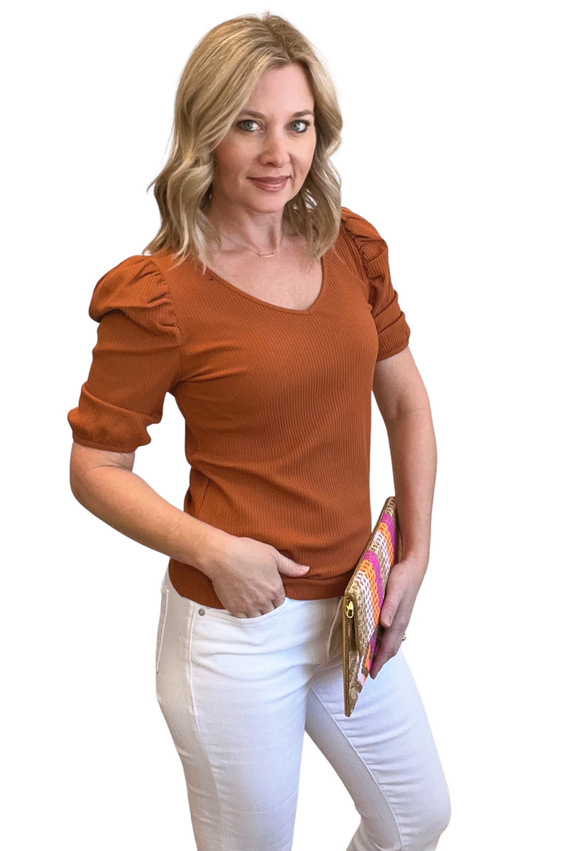 Ribbed Knit Puff Short Sleeve Top