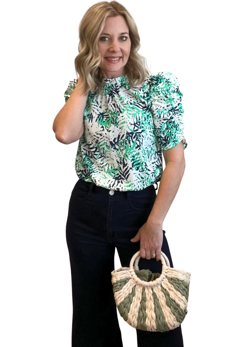 Ruched Sleeve Fern Print Top