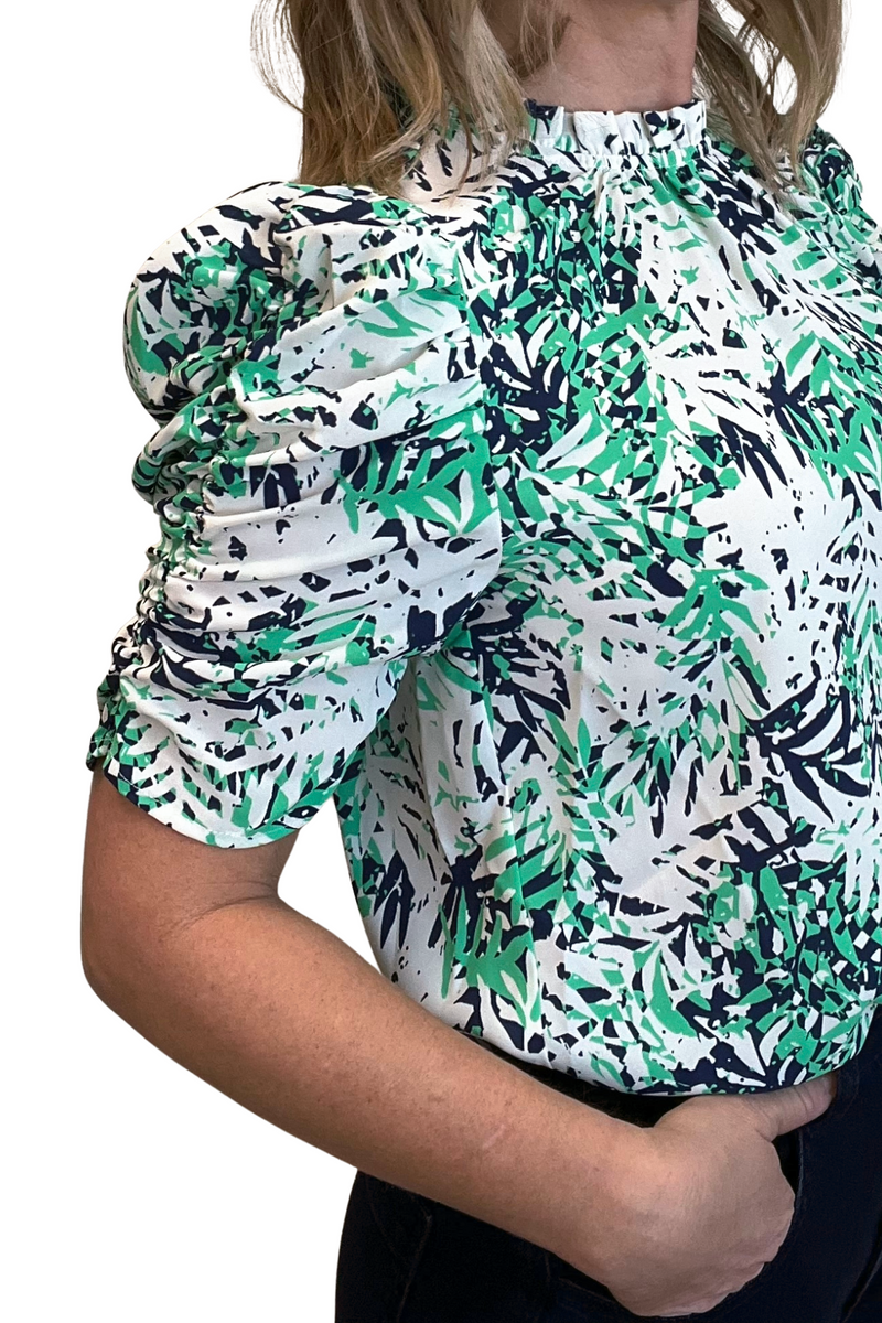 Ruched Sleeve Fern Print Top